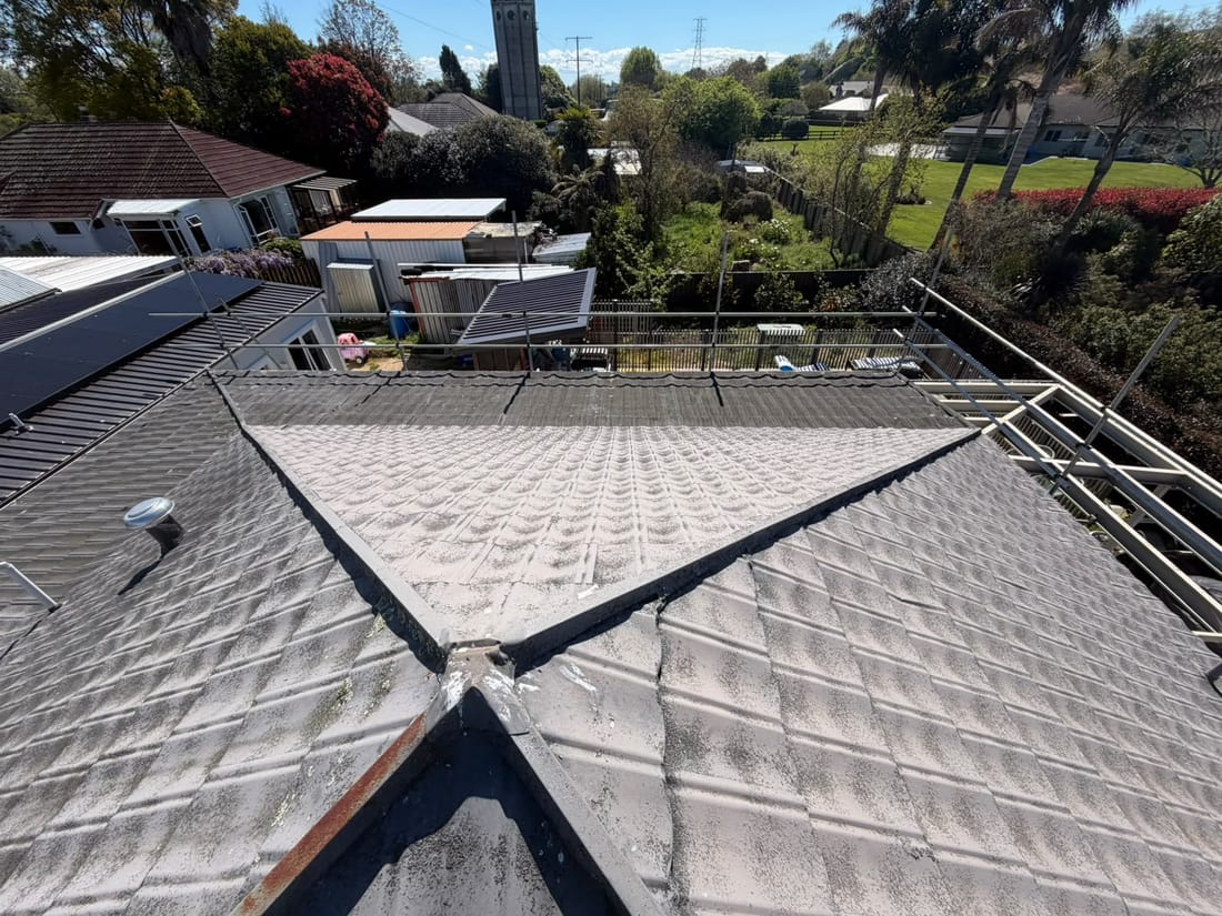 Overhead view of a Decramastic asbestos tile roof before removal, Karapiro, Waikato